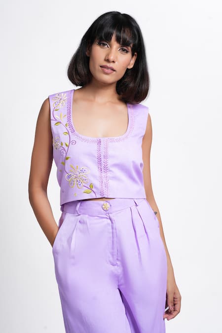 Ahi Clothing X AZA_Lilac Cotton Embroidery Square Neck Dove Vest And Pant Set _Online_at_Aza_Fashions