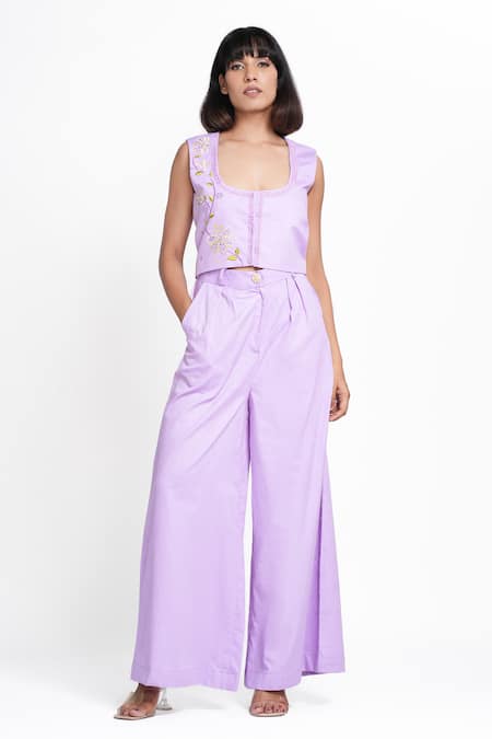 Buy_Ahi Clothing X AZA_Lilac Cotton Embroidery Square Neck Dove Vest And Pant Set _Online_at_Aza_Fashions