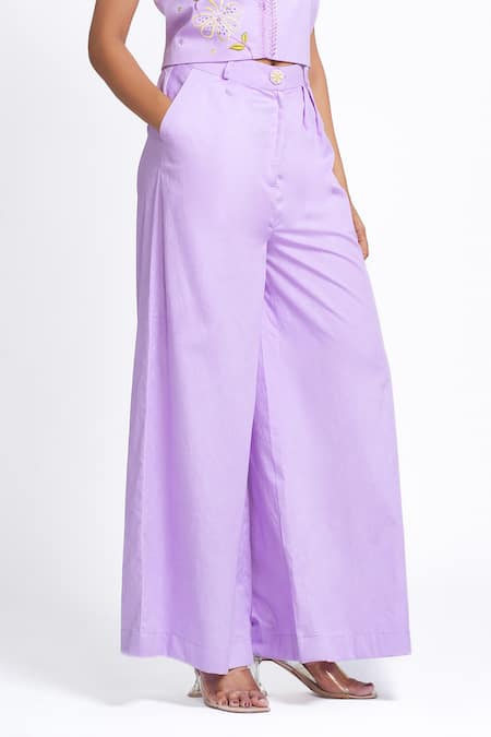 Shop_Ahi Clothing X AZA_Lilac Cotton Embroidery Square Neck Dove Vest And Pant Set _Online_at_Aza_Fashions
