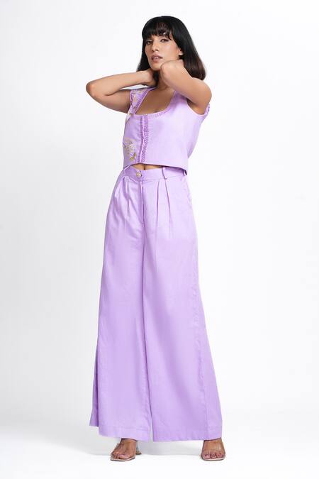 Ahi Clothing X AZA_Lilac Cotton Embroidery Square Neck Dove Vest And Pant Set _at_Aza_Fashions