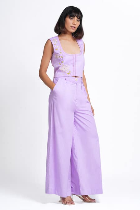 Buy_Ahi Clothing X AZA_Lilac Cotton Embroidery Square Neck Dove Vest And Pant Set 