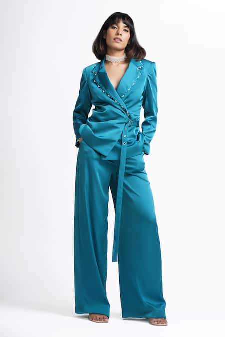 Ahi Clothing X AZA Teal Satin, Crepe Quinn Embellished Wrap Buckle Cort And Pant Set Online at Aza Fashions Ahi Clothing X AZA_Teal Satin, Crepe Quinn Embellished Wrap Buckle Cort And Pant Set _Online_at_Aza_Fashions