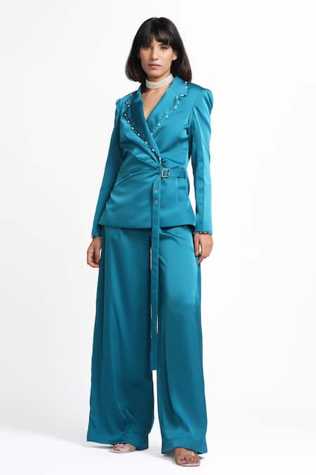 Buy Ahi Clothing X AZA Teal Satin, Crepe Quinn Embellished Wrap Buckle Cort And Pant Set Online at Aza Fashions Buy_Ahi Clothing X AZA_Teal Satin, Crepe Quinn Embellished Wrap Buckle Cort And Pant Set _Online_at_Aza_Fashions
