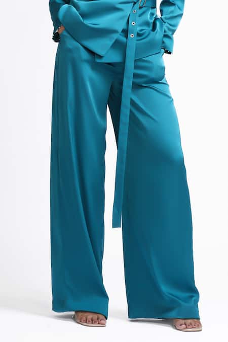 Shop Ahi Clothing X AZA Teal Satin, Crepe Quinn Embellished Wrap Buckle Cort And Pant Set Online at Aza Fashions Shop_Ahi Clothing X AZA_Teal Satin, Crepe Quinn Embellished Wrap Buckle Cort And Pant Set _Online_at_Aza_Fashions
