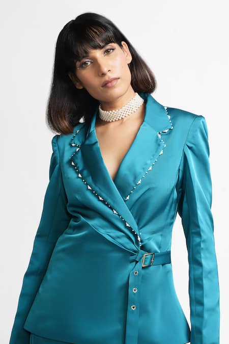 Buy Ahi Clothing X AZA Teal Satin, Crepe Quinn Embellished Wrap Buckle Cort And Pant Set Buy_Ahi Clothing X AZA_Teal Satin, Crepe Quinn Embellished Wrap Buckle Cort And Pant Set