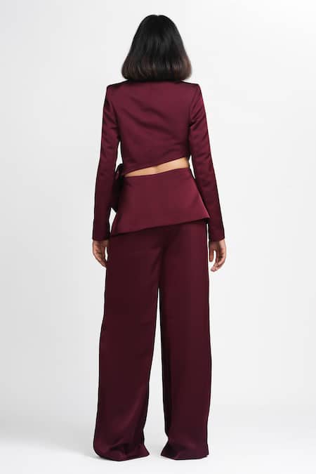 Shop Ahi Clothing X AZA Maroon Satin, Crepe Mackenzie Purple Shimmer Coat And Pant Set at Aza Fashions Shop_Ahi Clothing X AZA_Maroon Satin, Crepe Mackenzie Purple Shimmer Coat And Pant Set _at_Aza_Fashions