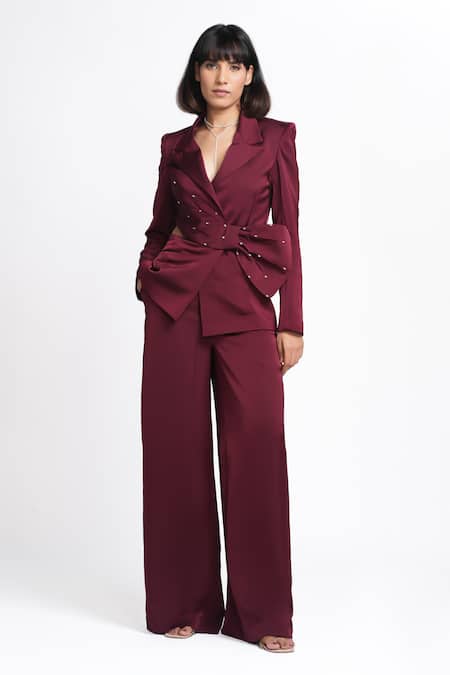 Ahi Clothing X AZA Maroon Satin, Crepe Mackenzie Purple Shimmer Coat And Pant Set Online at Aza Fashions Ahi Clothing X AZA_Maroon Satin, Crepe Mackenzie Purple Shimmer Coat And Pant Set _Online_at_Aza_Fashions
