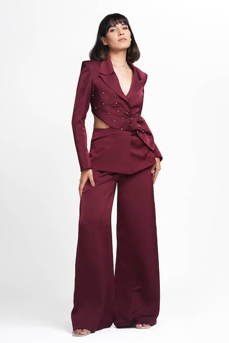 Shop Ahi Clothing X AZA Maroon Satin, Crepe Mackenzie Purple Shimmer Coat And Pant Set Online at Aza Fashions Shop_Ahi Clothing X AZA_Maroon Satin, Crepe Mackenzie Purple Shimmer Coat And Pant Set _Online_at_Aza_Fashions