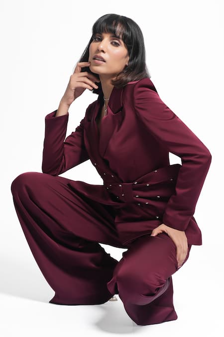 Ahi Clothing X AZA Maroon Satin, Crepe Mackenzie Purple Shimmer Coat And Pant Set at Aza Fashions Ahi Clothing X AZA_Maroon Satin, Crepe Mackenzie Purple Shimmer Coat And Pant Set _at_Aza_Fashions