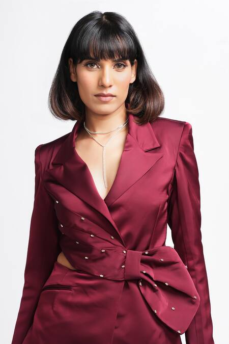 Buy Ahi Clothing X AZA Maroon Satin, Crepe Mackenzie Purple Shimmer Coat And Pant Set Buy_Ahi Clothing X AZA_Maroon Satin, Crepe Mackenzie Purple Shimmer Coat And Pant Set