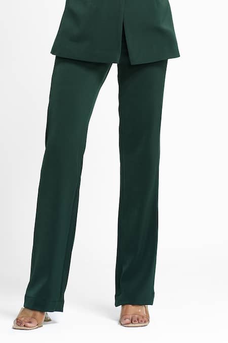 Ahi Clothing X AZA Green Crepe Agatha 3-d Brooch Coat And Pant Set Online at Aza Fashions Ahi Clothing X AZA_Green Crepe Agatha 3-d Brooch Coat And Pant Set _Online_at_Aza_Fashions