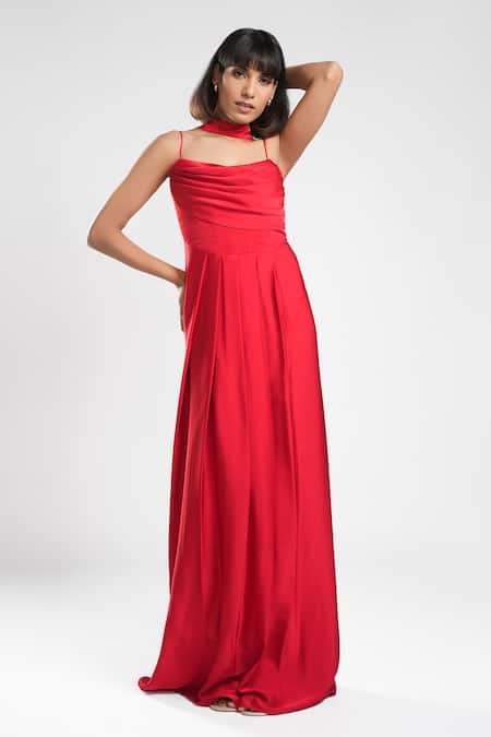 Ahi Clothing X AZA Red Crepe Sweetheart Neck Vivienne Hot Draped Dress With Scarf Online at Aza Fashions Ahi Clothing X AZA_Red Crepe Sweetheart Neck Vivienne Hot Draped Dress With Scarf _Online_at_Aza_Fashions
