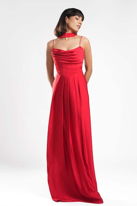 Buy Ahi Clothing X AZA Red Crepe Sweetheart Neck Vivienne Hot Draped Dress With Scarf Online at Aza Fashions Buy_Ahi Clothing X AZA_Red Crepe Sweetheart Neck Vivienne Hot Draped Dress With Scarf _Online_at_Aza_Fashions