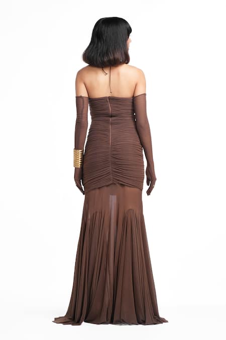 Shop Ahi Clothing X AZA Brown Lycra Halter Neck Aurecia Coffee Ruched Sheath Dress at Aza Fashions Shop_Ahi Clothing X AZA_Brown Lycra Halter Neck Aurecia Coffee Ruched Sheath Dress _at_Aza_Fashions