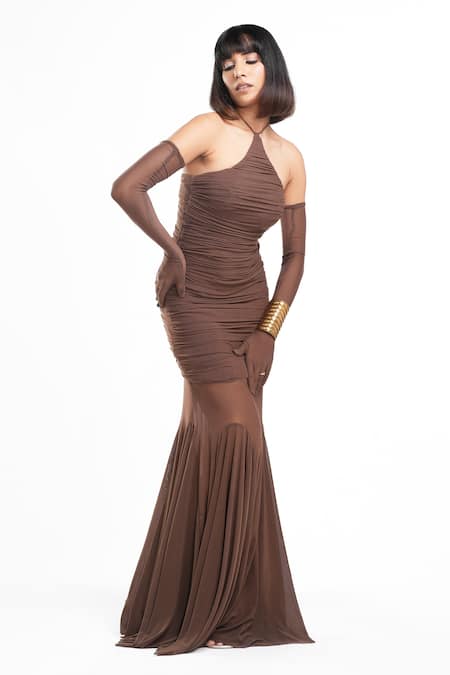 Shop Ahi Clothing X AZA Brown Lycra Halter Neck Aurecia Coffee Ruched Sheath Dress Online at Aza Fashions Shop_Ahi Clothing X AZA_Brown Lycra Halter Neck Aurecia Coffee Ruched Sheath Dress _Online_at_Aza_Fashions