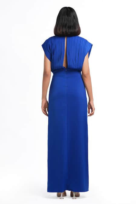 Shop Ahi Clothing X AZA Blue Crepe Beads Round Neck Chloe Pleated Yoke Dress at Aza Fashions Shop_Ahi Clothing X AZA_Blue Crepe Beads Round Neck Chloe Pleated Yoke Dress _at_Aza_Fashions