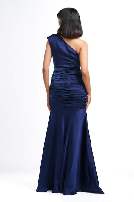 Shop Ahi Clothing X AZA Navy Crepe Asymmetric Nellie Sheath Long Dress at Aza Fashions Shop_Ahi Clothing X AZA_Navy Crepe Asymmetric Nellie Sheath Long Dress _at_Aza_Fashions