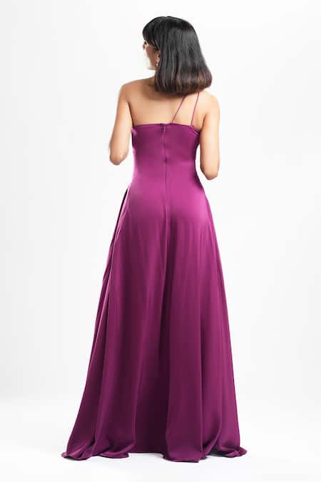 Shop Ahi Clothing X AZA Purple Crepe Asymmetric Kerstin Draped Dress at Aza Fashions Shop_Ahi Clothing X AZA_Purple Crepe Asymmetric Kerstin Draped Dress _at_Aza_Fashions