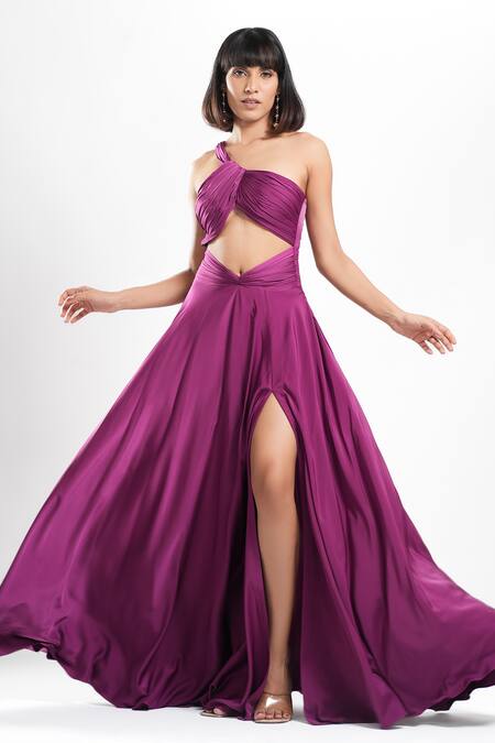 Shop Ahi Clothing X AZA Purple Crepe Asymmetric Kerstin Draped Dress Online at Aza Fashions Shop_Ahi Clothing X AZA_Purple Crepe Asymmetric Kerstin Draped Dress _Online_at_Aza_Fashions