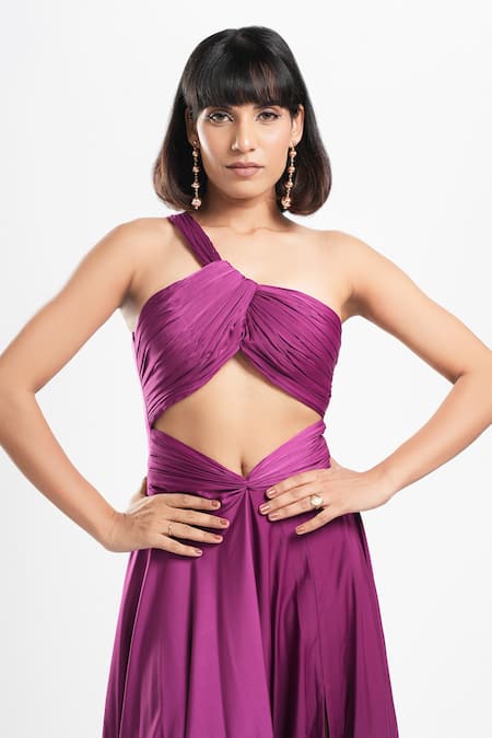 Ahi Clothing X AZA Purple Crepe Asymmetric Kerstin Draped Dress at Aza Fashions Ahi Clothing X AZA_Purple Crepe Asymmetric Kerstin Draped Dress _at_Aza_Fashions