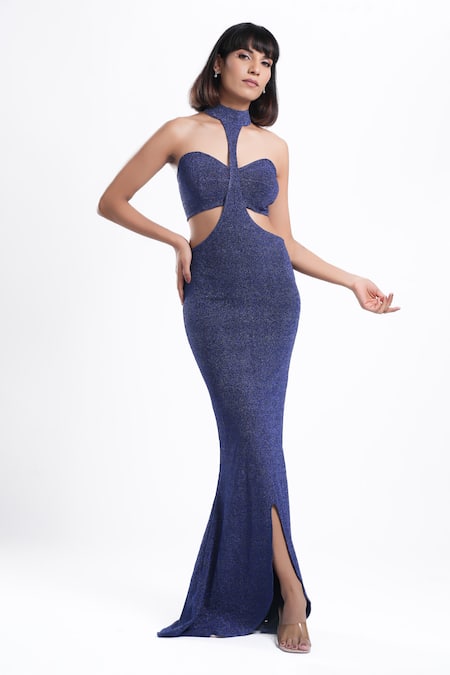 Ahi Clothing X AZA Blue Lycra Halter Neck Zyra Shimmer Mermaid Long Dress Set Online at Aza Fashions Ahi Clothing X AZA_Blue Lycra Halter Neck Zyra Shimmer Mermaid Long Dress Set _Online_at_Aza_Fashions