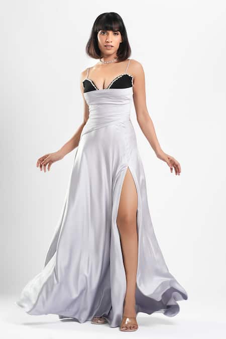Buy_Ahi Clothing X AZA_Silver Plunge Neck Vetra Black And Strappy Dress _Online_at_Aza_Fashions