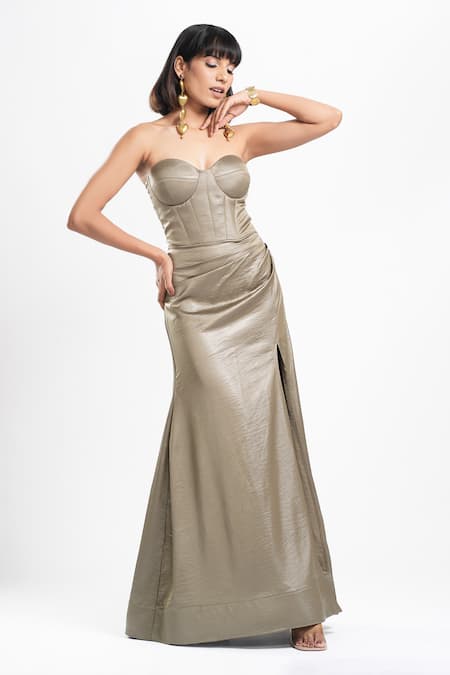 Ahi Clothing X AZA Gray Satin Sweetheart Neck Clara Corset Dress Online at Aza Fashions Ahi Clothing X AZA_Gray Satin Sweetheart Neck Clara Corset Dress _Online_at_Aza_Fashions