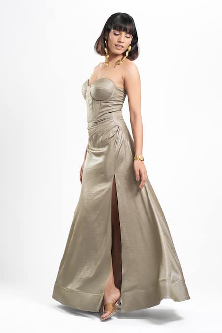 Shop Ahi Clothing X AZA Gray Satin Sweetheart Neck Clara Corset Dress Online at Aza Fashions Shop_Ahi Clothing X AZA_Gray Satin Sweetheart Neck Clara Corset Dress _Online_at_Aza_Fashions