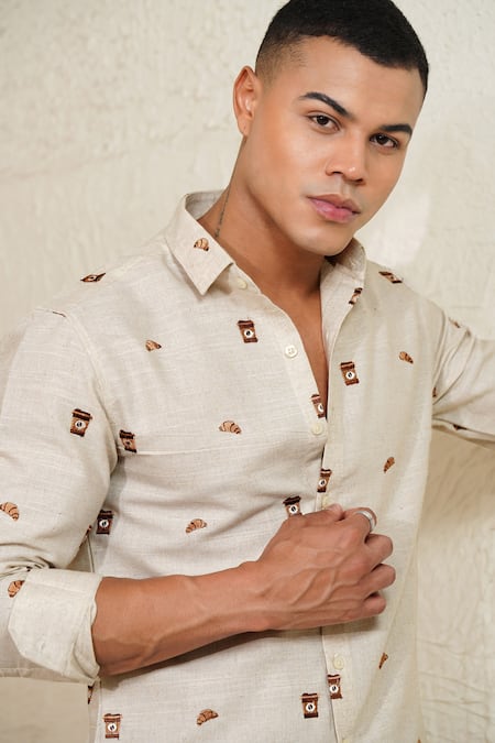 Eleven Brothers_Off White Linen Coffee And Croissant Embroidered Shirt _Online_at_Aza_Fashions