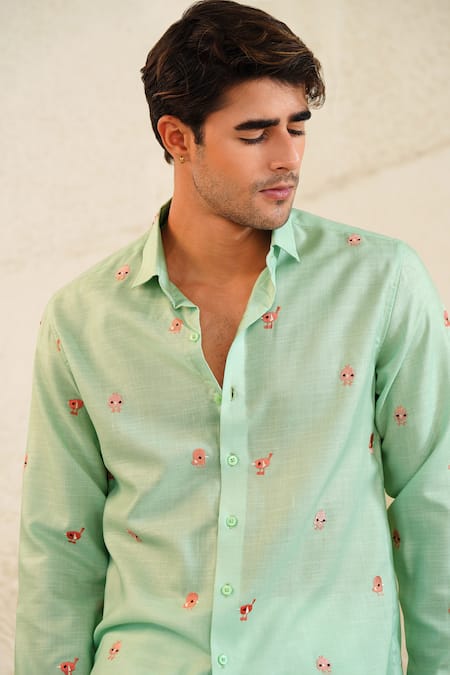 Eleven Brothers_Green Linen Embroidery Chirp And Chill Shirt _Online_at_Aza_Fashions