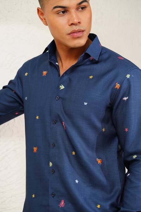Eleven Brothers_Navy Linen Embroidery Sea Doodle Shirt _Online_at_Aza_Fashions