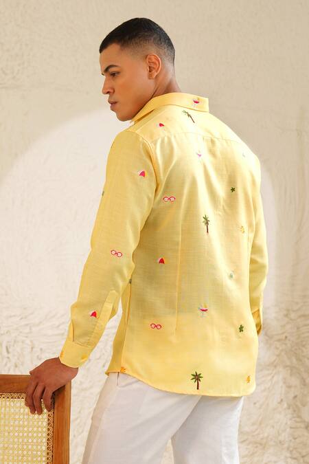 Shop Eleven Brothers Yellow Linen Embroidery Sand Sip Shirt at Aza Fashions Shop_Eleven Brothers_Yellow Linen Embroidery Sand Sip Shirt_at_Aza_Fashions
