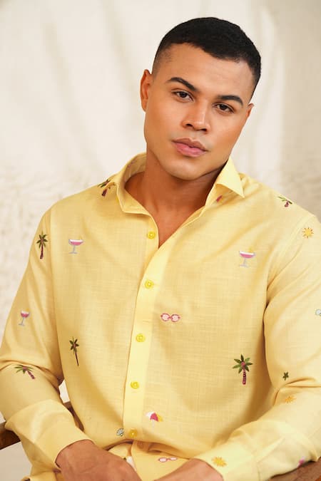 Eleven Brothers Yellow Linen Embroidery Sand Sip Shirt Online at Aza Fashions Eleven Brothers_Yellow Linen Embroidery Sand Sip Shirt_Online_at_Aza_Fashions