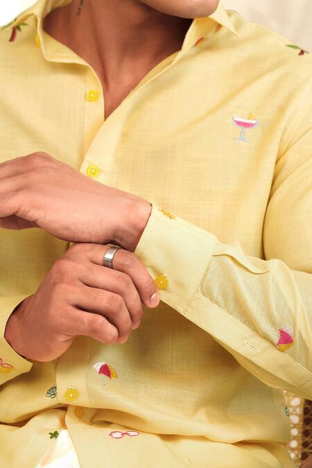 Buy Eleven Brothers Yellow Linen Embroidery Sand Sip Shirt Online at Aza Fashions Buy_Eleven Brothers_Yellow Linen Embroidery Sand Sip Shirt_Online_at_Aza_Fashions