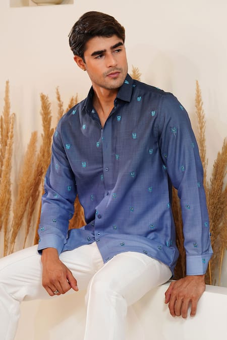 Eleven Brothers_Blue Linen Embroidery Owl Hour Shirt _Online_at_Aza_Fashions