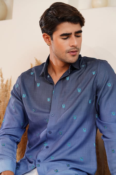 Buy_Eleven Brothers_Blue Linen Embroidery Owl Hour Shirt _Online_at_Aza_Fashions