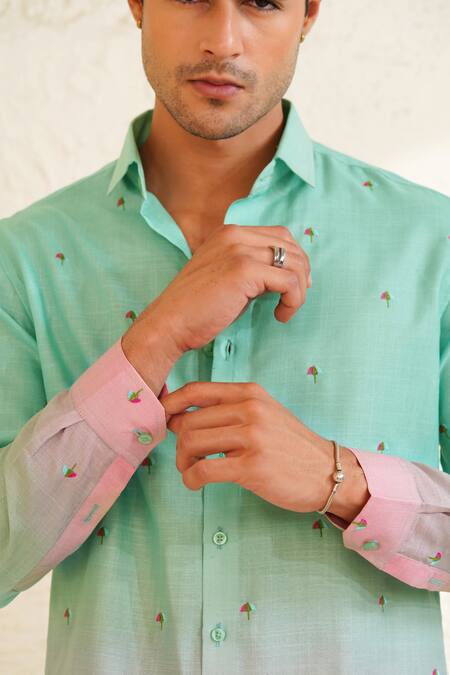 Buy_Eleven Brothers_Turquoise Linen Embroidery Rain Check Shirt _Online_at_Aza_Fashions