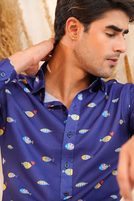 Eleven Brothers_Blue Linen Fish Tales Printed Shirt _Online_at_Aza_Fashions