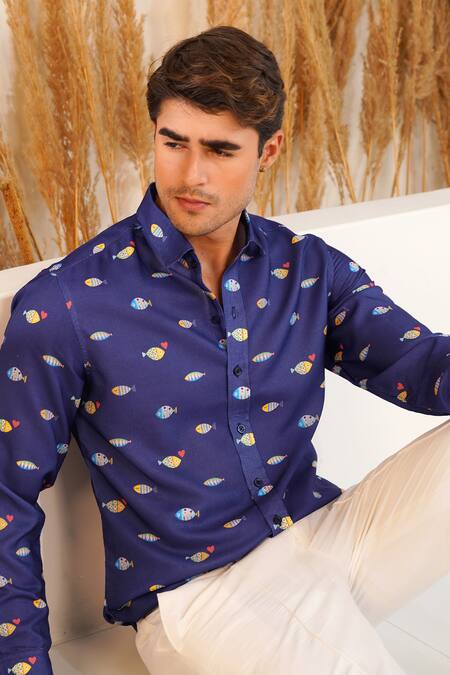 Buy_Eleven Brothers_Blue Linen Fish Tales Printed Shirt _Online_at_Aza_Fashions