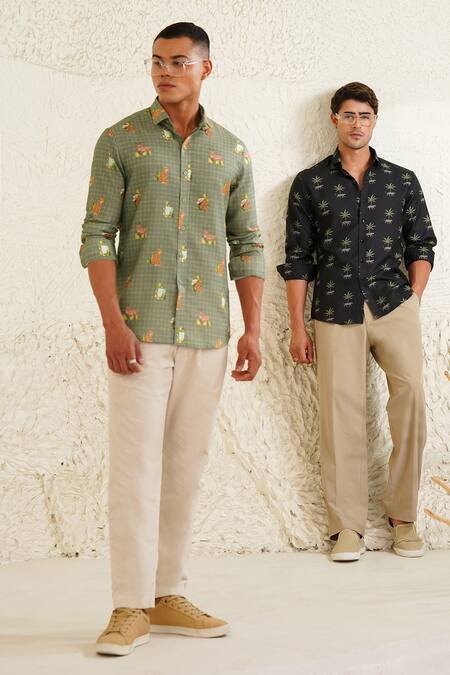 Eleven Brothers_Green Linen Safari Trunk Printed Shirt _Online_at_Aza_Fashions