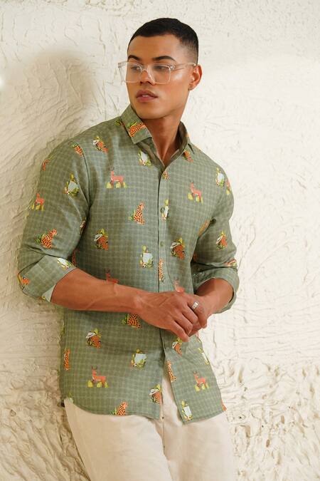 Buy_Eleven Brothers_Green Linen Safari Trunk Printed Shirt _Online_at_Aza_Fashions