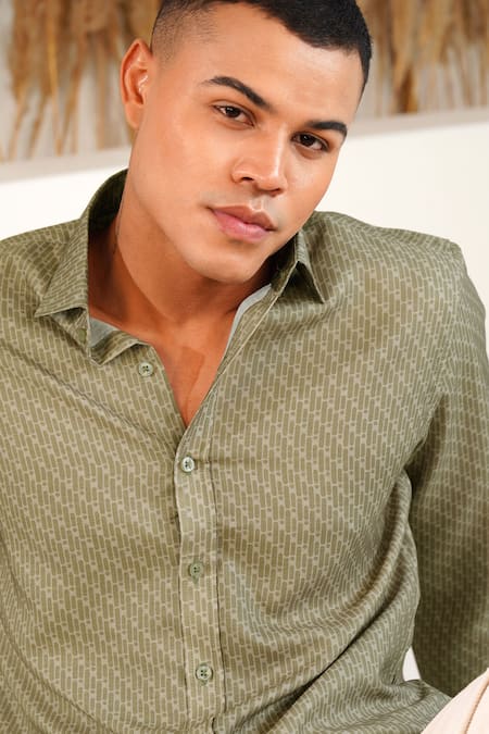 Eleven Brothers_Green Linen Toned Terrain Printed Shirt _Online_at_Aza_Fashions