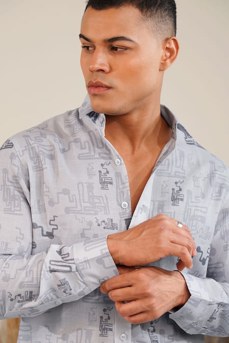 Eleven Brothers_Gray Linen Grey Matter Printed Shirt _Online_at_Aza_Fashions