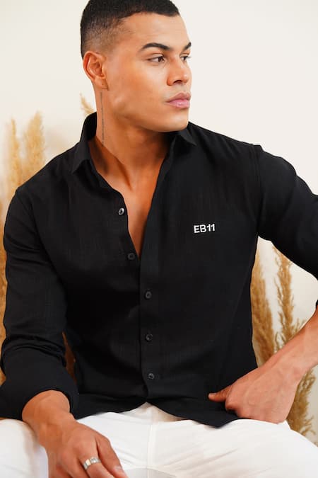 Buy_Eleven Brothers_Black Linen Embroidery Dark Horse Shirt _Online_at_Aza_Fashions