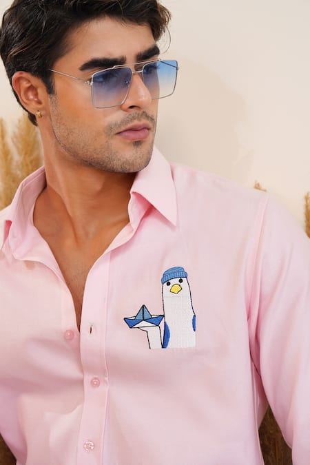 Buy_Eleven Brothers_Pink Oxford Embroidery Captain Sail Cotton Shirt _Online_at_Aza_Fashions