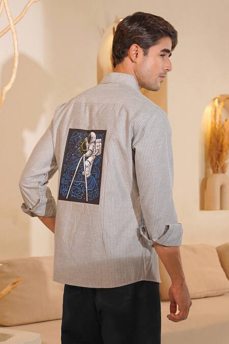 Shop Eleven Brothers Gray Cotton Space Wander Oxford Shirt at Aza Fashions Shop_Eleven Brothers_Gray Cotton Space Wander Oxford Shirt_at_Aza_Fashions