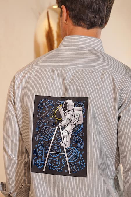 Eleven Brothers Gray Cotton Space Wander Oxford Shirt Online at Aza Fashions Eleven Brothers_Gray Cotton Space Wander Oxford Shirt_Online_at_Aza_Fashions