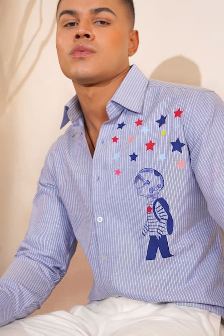 Buy_Eleven Brothers_Blue Oxford Embroidery Starboy Cotton Shirt _Online_at_Aza_Fashions