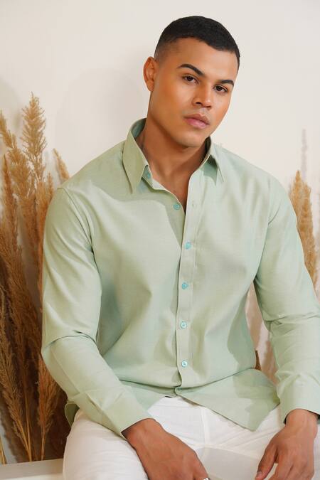 Buy_Eleven Brothers_Green Oxford Monday Mint Cotton Shirt _Online_at_Aza_Fashions