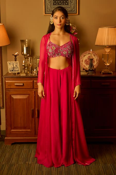 Krishna Padia Pink Organza, Crepe Embroidery Open Neck, Hand Jacket Palazzo Set Online at Aza Fashions Krishna Padia_Pink Organza, Crepe Embroidery Open Neck, Hand Jacket Palazzo Set _Online_at_Aza_Fashions